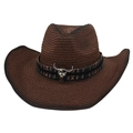Chapeau de cowboy en paille tressée marron foncé avec ruban ethnique et tête de taureau - Décor en métal tête de taureau/Bord dégradé / Café (avec corde coupe-vent)