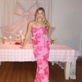Elegant pink floral lace spaghetti strap maxi dress with a slim fit and 3D flower accents - S / Pink