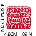 Detailed size view of red and white embroidered patch with Find Yourself And Be That quote - FIND YOURSELF Slogan Style