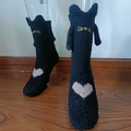 Calze gatto nero in pile corallo con orecchie 3D e ricamo a cuore rosa decorativo - Modello 4 (Neri Orecchie di Gatto Cuore)