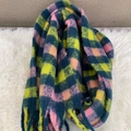 Pink, yellow and teal plaid knit scarf with soft tassel fringe for autumn winter warmth - Pink Yellow Dark Teal Plaid (27)