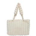 Faux fur tote bag in beige with vertical stripes and fluffy pom-pom chain handle - Off White