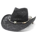 Schwarzer Cowboy-Strohhut mit Metallstern und Ethno-Perlenverzierung für den Strand - M (56-58cm) / Schwarz