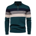 Primer plano de jersey de punto para hombre con cremallera, cuello alto y rayas - S / Verde Oscuro