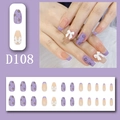 Detail of reusable press-on nails with purple floral patterns and white 3D bows - D108 (Glue Type)