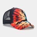 Close-up of ponytail baseball cap with orange and blue tie-dye print and mesh panels - Style 25-Red Blue Tie-dye