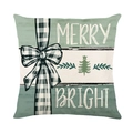 Waldgrüner Weihnachtskissenbezug mit Merry and Bright Schriftzug und Karoschleife - 45x45 cm / Merry Bright mit Schleife