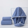 Blue coral fleece towel and hair drying cap set with white button and striped texture - Face Towel / Blue