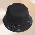 Black cotton disco bucket hat featuring sparkling black rhinestone embellishments on the brim - Black Rhinestone Decoration Style