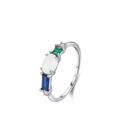 S925 sterling silver ring with oval opal and blue-green rectangular gemstones - US Size 5 / White (Opal Main Stone)