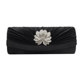 Elegant black satin pleated evening clutch with a sparkling silver rhinestone flower - Black