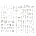 Assorted silver alloy charms set featuring sewing tools, hearts and vintage keys - 100 Style Set (SN1026) / 100pcs Pack / Bright Silver