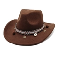 Brown western wool felt cowboy hat with bohemian shell and ethnic braided band - M (56-58cm) / Coffee