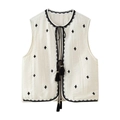 Women's cream vest and shorts set featuring black diamond embroidery and tassel ties - Sleeveless Embroidered Vest