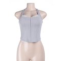 Détail d'un haut corset gris avec bordure en dentelle blanche et baleines ajustées - S / Gris