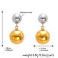 Detailed size view of two-tone stainless steel ball drop earrings with dimensions - Silver Small Ball + Gold Large Ball