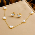 Close-up of gold heart pearl jewelry set featuring a necklace and stud earrings - 2-Piece Set (Necklace + Earrings) (N3174)