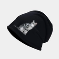 Détail de la maille et de l'imprimé chat gris réaliste sur le bonnet noir tricoté - Noir American Shorthair