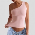 Pink one-shoulder yoga top for women, slim fit athletic vest with elastic fabric - S / Sakura Pink