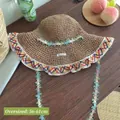 Brown straw sun hat with floral embroidery and colorful lace brim, size 56-61CM - Ethnic Style Straw Hat Khaki