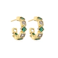 Close-up of 18K gold plated C-hoop earrings with emerald green and white zircon stones - C-Shape Color Block Hoops