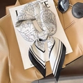 Elegant floral print silk scarf with black white patterns and striped edges - Dreamy Peony Black And White Silk Scarf / 65