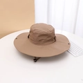 Detail of wide brim hiking hat featuring snap buttons and adjustable chin strap - M (56-58cm) / Khaki