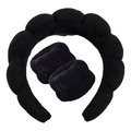 Black towel fleece sponge twist headband and matching wristband set for face washing - 3pcs Set (Headband + Wristbands) / Black