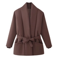 Women's dark brown belted cotton coat with large lapels and loose casual fit - S / Brown