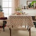 Beige Christmas tablecloth with festive gingerbread man and tree prints for dining decor - White Gingerbread Man