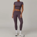 Women's brushed yoga set featuring purple short sleeve crop top and high waist leggings - S / Top And Bottom / Short Sleeve + Leggings / Eggplant Purple