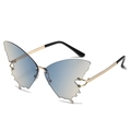 Frameless butterfly wing sunglasses with blue yellow gradient lenses and gold textured arms - Gold Frame Blue Yellow Gradient C10
