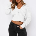 White cable knit zip-up cardigan in a cropped slim fit for a stylish winter look - S / White