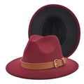 Detail of burgundy fedora hat with camel leather band and contrast black brim interior - M(56-58cm) / Wine Red with Black