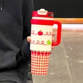 Insulated 40oz tumbler in white with red apple pattern and matching red handle - Red New (Apple Plaid)