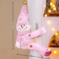 Pink plush snowman curtain tieback with tweed hat and gold sequin ball decor - Pink Santa Style (101-B)