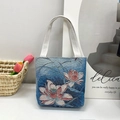 Blue canvas tote bag with embroidered lotus pattern and beige handle straps - Style 1-Blue Lotus