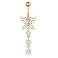 Detailed view of a rose gold butterfly belly button ring with dangling clear zircons - Rose Gold-Butterfly Dangle