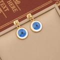 Golden double-layer evil eye jewelry set with blue enamel pendants on beige leather - 3# Earrings