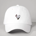 Adjustable white cotton baseball cap featuring detailed colorful chicken embroidery on front - White / One Size