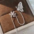 Silver butterfly and flower zircon cuff earring with long tassels on brown velvet - Platinum White Stone (Single Piece)