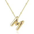 18K gold plated puffy balloon initial necklace featuring letter M pendant with bead chain - Letter M - Gold