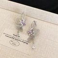 Elegant purple crystal butterfly earrings with silver hollow design and tassel drop charms - Butterfly Waterdrop Tassel Stud (Silver Pin) / Silver