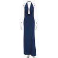 Detail of dark blue halter neck maxi dress with deep V-neckline and gathered pleats - S / Dark Blue