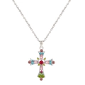 Silver-tone cross pendant necklace with colorful rhinestones on a white background - 5884302