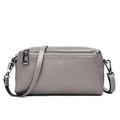 Grey litchi grain genuine leather crossbody bag with silver zippers and adjustable strap - Gray