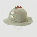 Green cotton kids bucket hat with dinosaur fins and embroidery plus windproof strap - Adjustable Toddler Size / Grass Green
