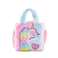 Close-up of plush unicorn bag featuring gradient fur, glitter heart, and embroidery details - Colorful