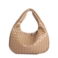 Milk tea hobo bag with signature woven leather texture and integrated handle design - Khaki