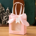 Pink gift bag with transparent window, large satin bow and teacher's day tag - Pink + Teacher's Day Tag
